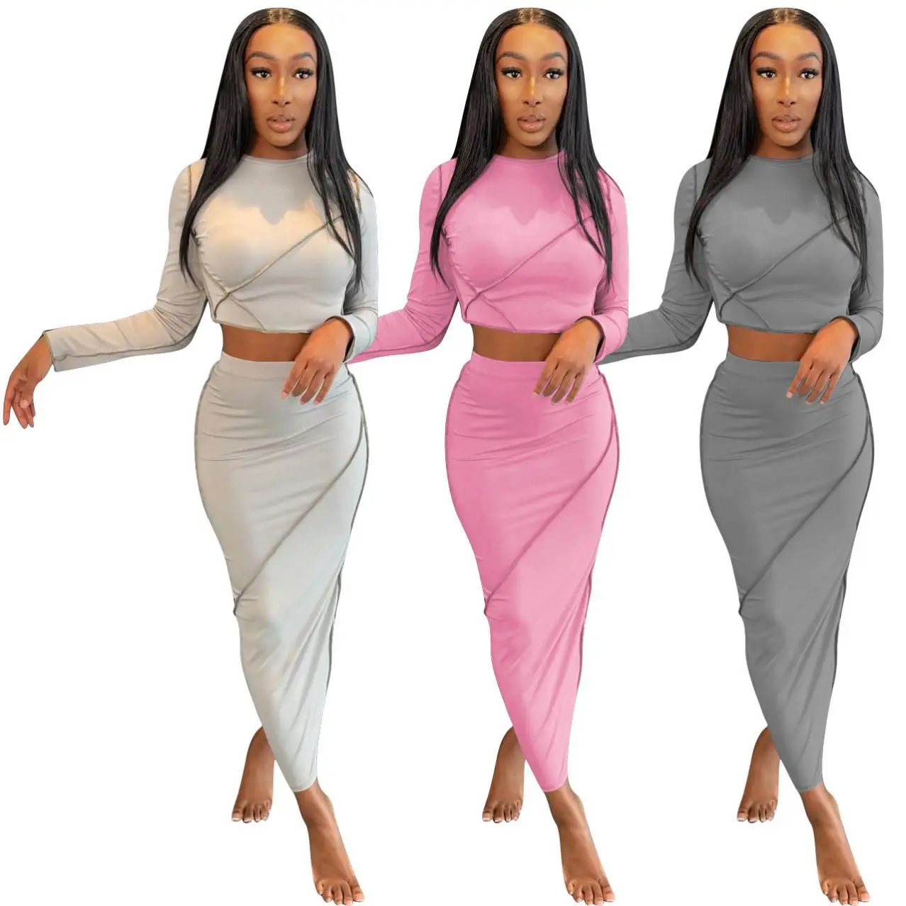 

TINA New Arrival 2021 Simple Long Sleeve Crop Top Bodycon 2 Piece Set Women Summer Skirt Sets