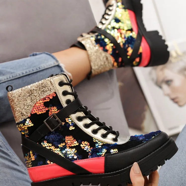 

Women's lace up ankle boots sequins square heel boots for women and ladies fashon boots shoes, Colorful