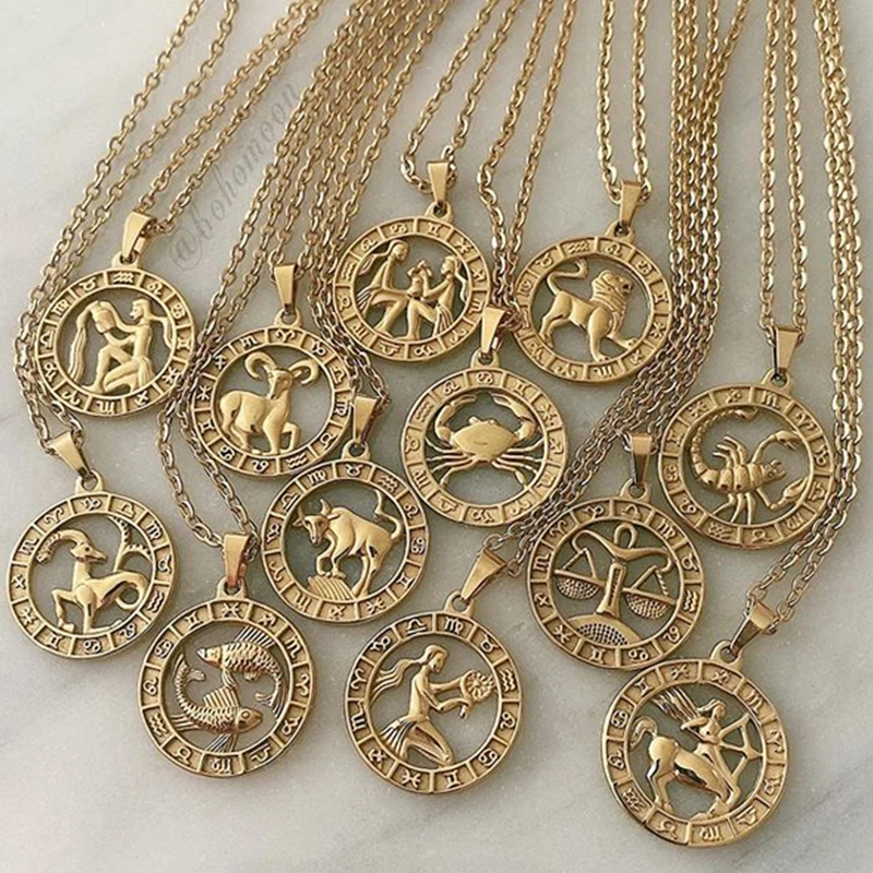 

Wholesale Gold Coin Pendant Necklace Jewelry 12 Constellations Round Pattern Design Necklace