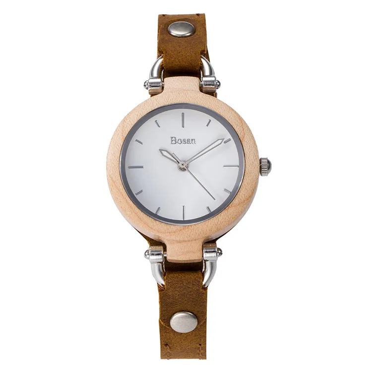 Maple Wood Case Leather Strap Luxury Silver Hands 36MM Size Watch for Women Custom Logo OEM Nature Wood Ladies Watch