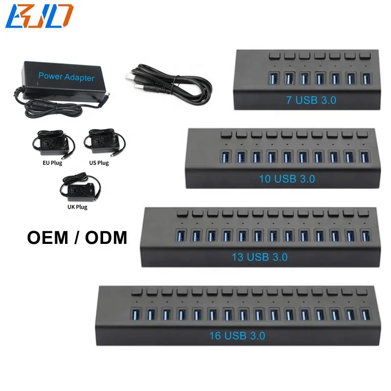 

USB 3.0 HUB Splitter 16 13 10 7 Port Individual On/Off Switch 5Gbps Use Power Adapter Computer Accessories