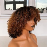 

Ombre Auburn Curly Human Hair Short Hair Lace Front Wigs with Bangs 180density Soft and Full Kinky Curly 360 Lace Frontal Wigs