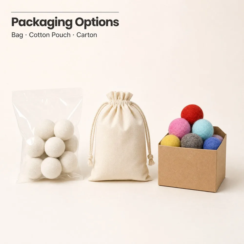 Packaging options for colored wool dryer balls: poly bag, cotton drawstring pouch or kraft carton