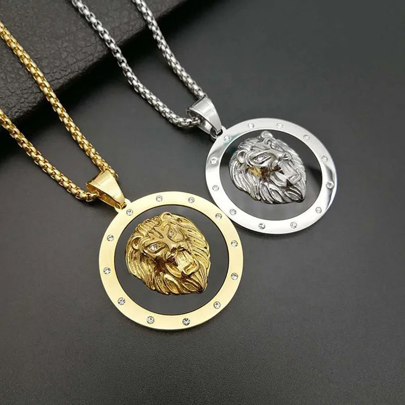 

Fashion Jewelry Vintage Retro Shiny Diamond Zircon Lion Band Stainless Steel Hiphop Punk Pendant for Men