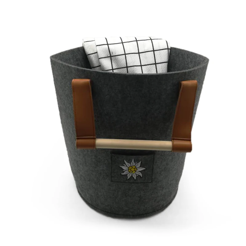 

Cylinder Shape Embroidery Logo Felt Laundry Basket With Wooden handle, Grey or custom