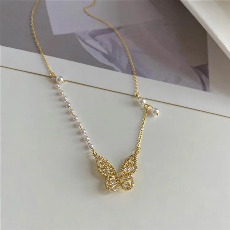 

Pink Cable Chain Diamond Gold Plated Tennis Simple Chain 6 Winged Gold Custom Natural Stone Butterfly Necklace