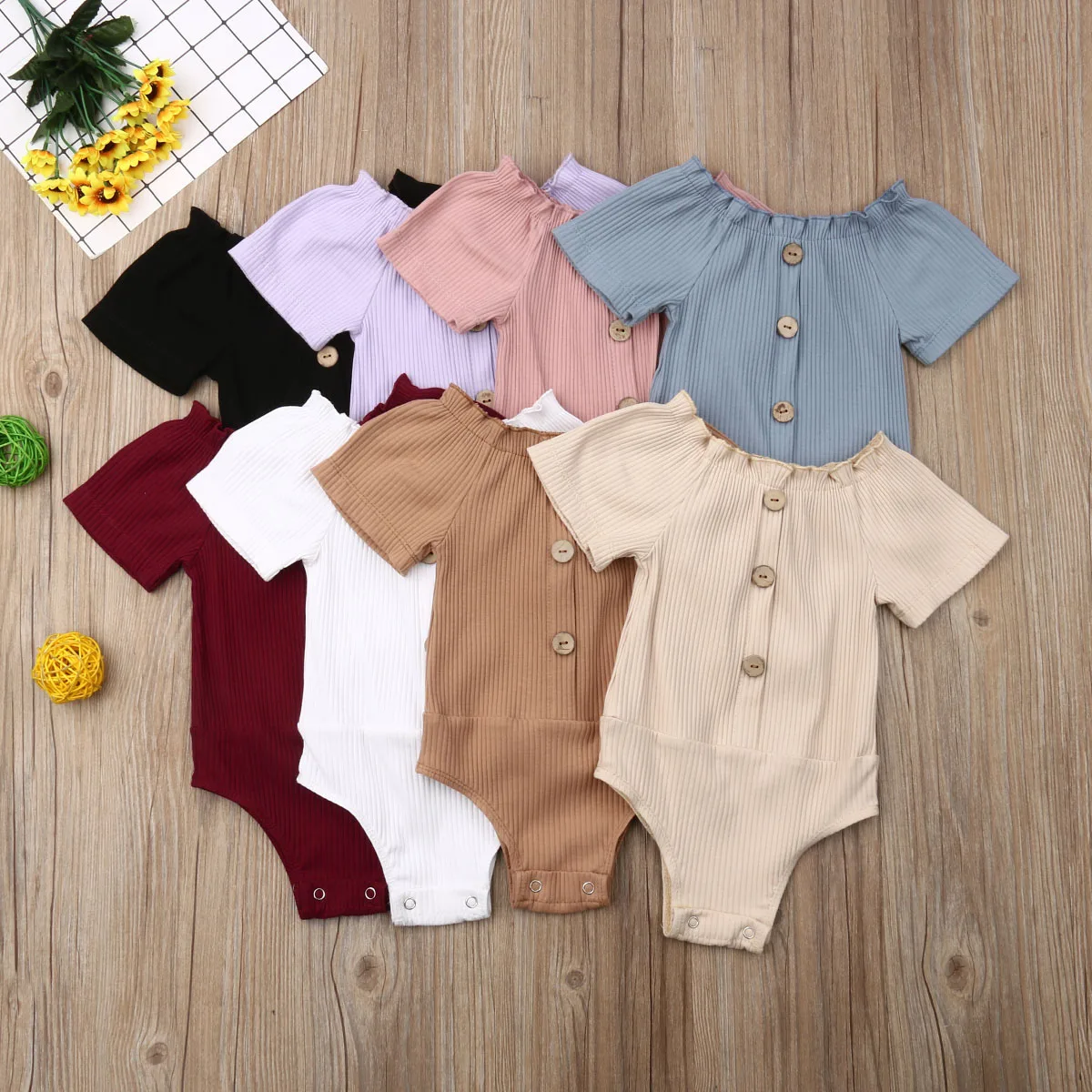 

Newest Hot Newborn Infant Baby Girls Off Shoulder Solid Button Jumpsuit Bodysuit Outfits Clothes