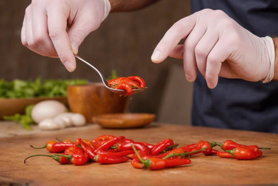 Close-up of hands wearing gloves while safely removing seeds from red chili pepper using spoon
