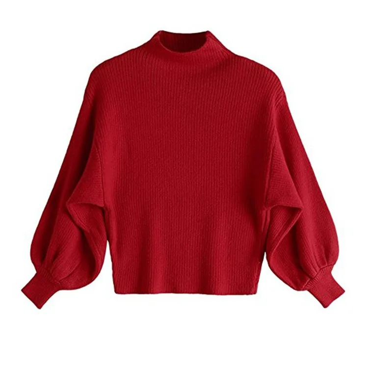 

Hot Seller Puff Sleeve Mock Neck Ladies Knit Pom Pom Warm Sweater, Color customized