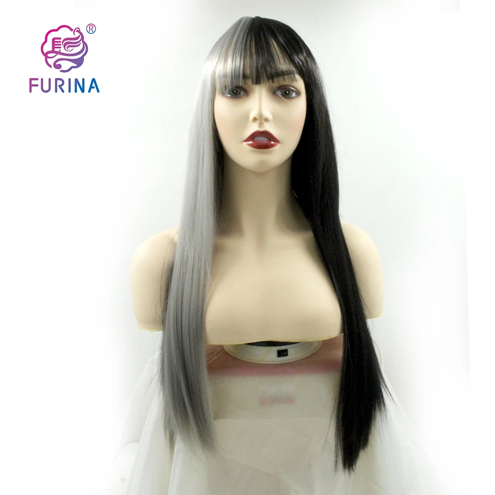 

Cheap High Quality half black half white color Long Silky Straight Machine Made Synthetic Hair Wigs