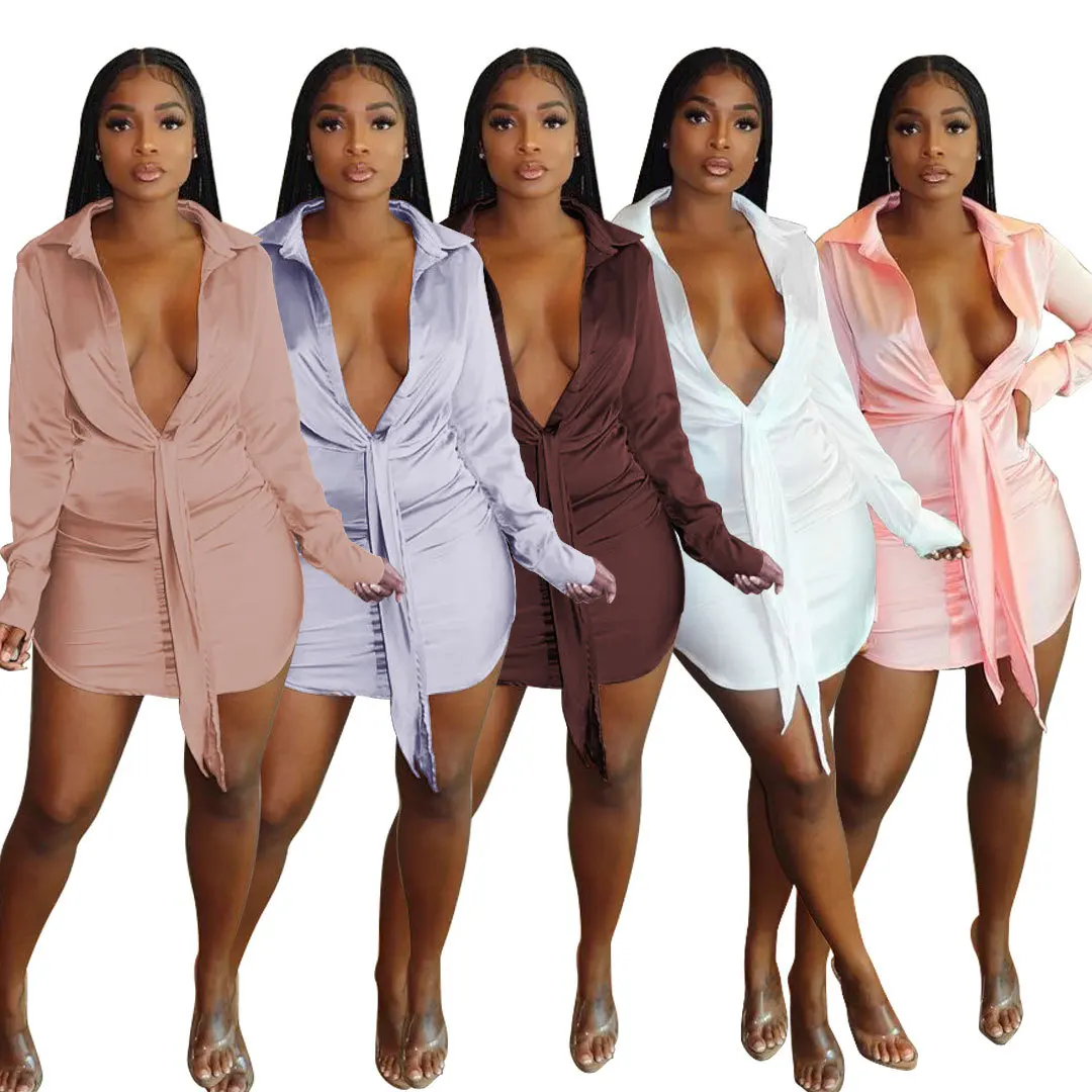 

Solid color deep v-neck bandage evening shirt dress sexy pretty mini cute dresses for women, 5 colors and also can make as your request