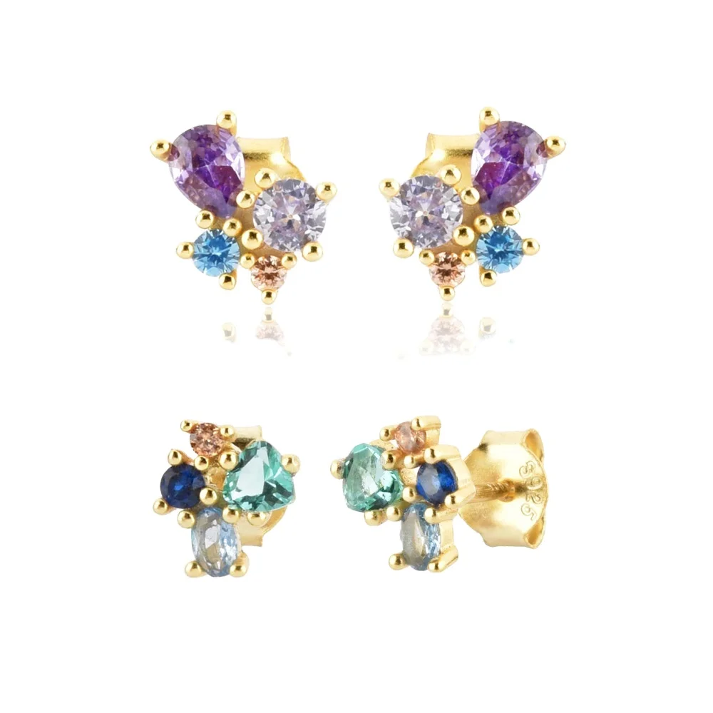 FUAMAY Pendientes 2026 925 Silver Small Earrings Studs Round Cubic Zirconia Colorful Rainbow Stone Studs Earrings for Girls