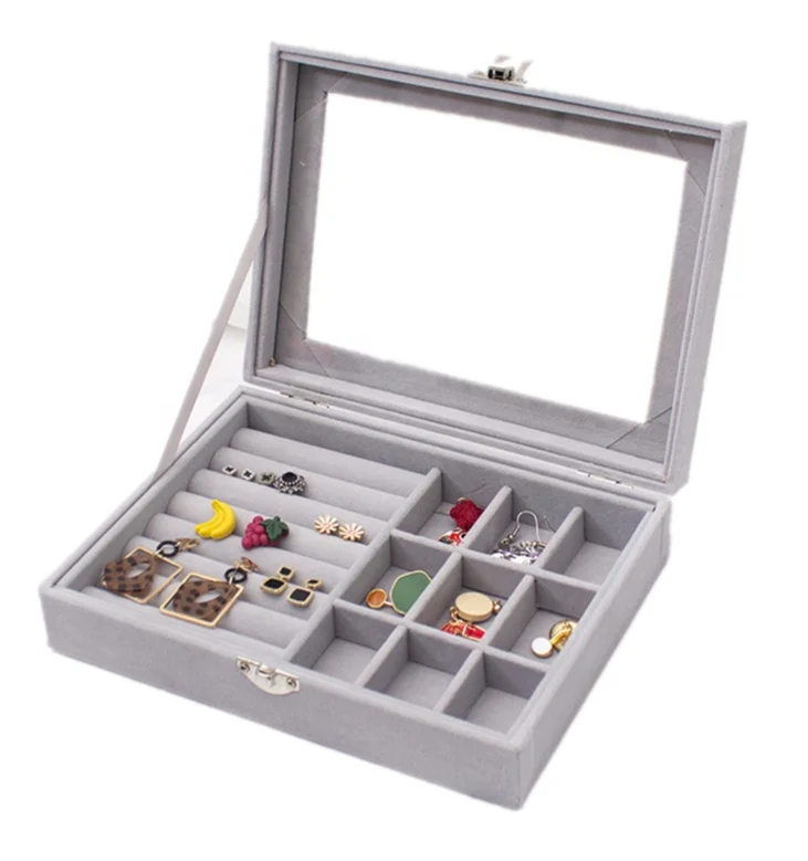 

Wholesale Glass flannelette Acrylic Tray Showcase Display Ring Luxury Storage Box Organizer Velvet Jewelry Boxes