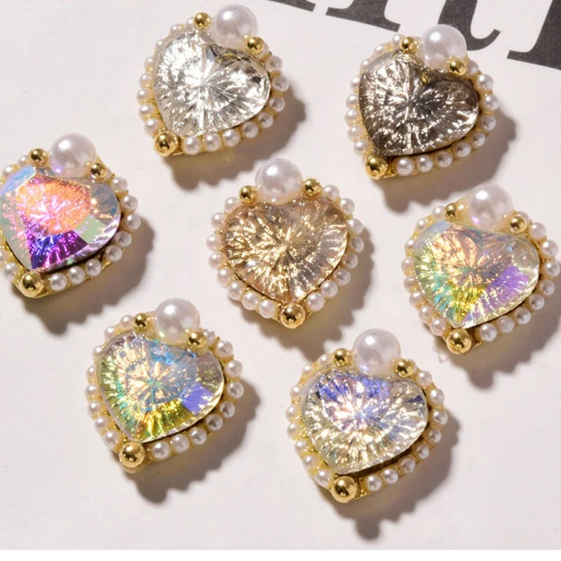 

Paso Sico Lovely Heart Pearls Decoration Alloy Emboss Art Carving Drill Glass Rhinestone Nail Art Charms for DIY