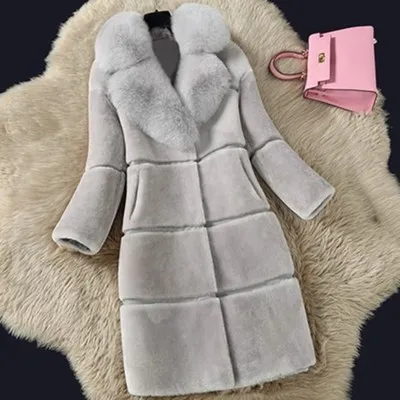 

Women's Fur Coats Faux Fox Fur Collar Winter Fashion Gray Women Elegant Fur Jacket Thick Warm Outerwear