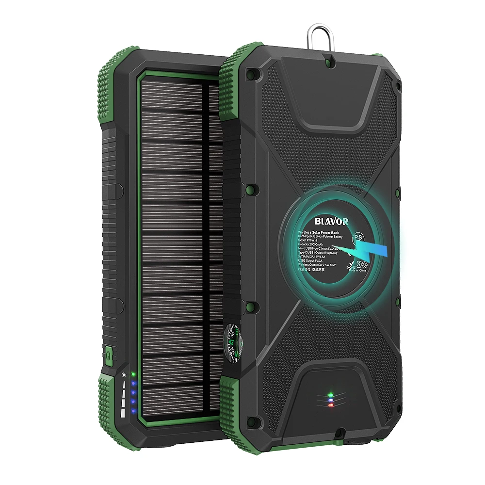 

2020 free samples OEM Solar Charged type c PD18W QC 3.0 Fast charge Wireless Waterproof Flashlight Compass 20000mAh Power Bank