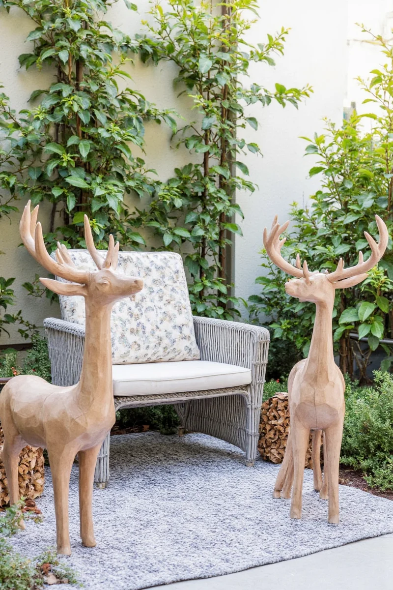 A detailed resin doe statue standing in a well-manicured lawn with a black lab lying nearby.