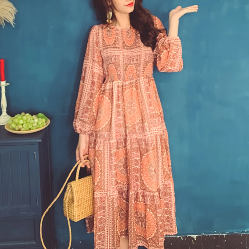 

Summer Women New Bohemian Dress Lady Holiday Style Vintage Floral printed Empire O-neck Elegant Loose Long Maxi Dress Vestido