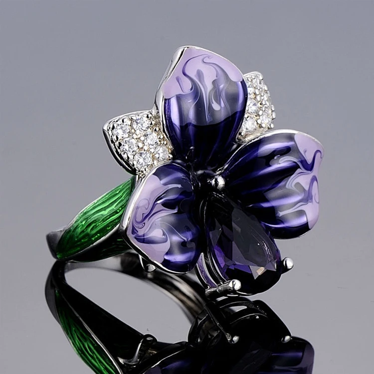 

Wholesale Cloisonne Rings Big Flower Rhinestone Crystal Purple Butterfly Flower Enamel Ring, Picture