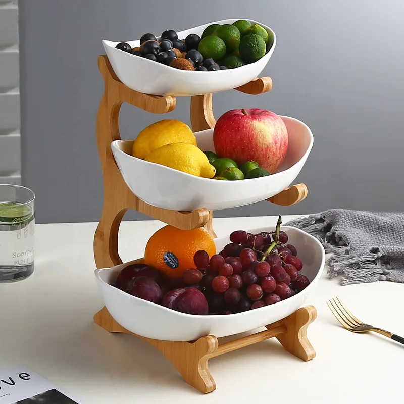 

Hotel Buffet slanted oval 3 tier food serving chip dip white salad ceramic bowl with stand