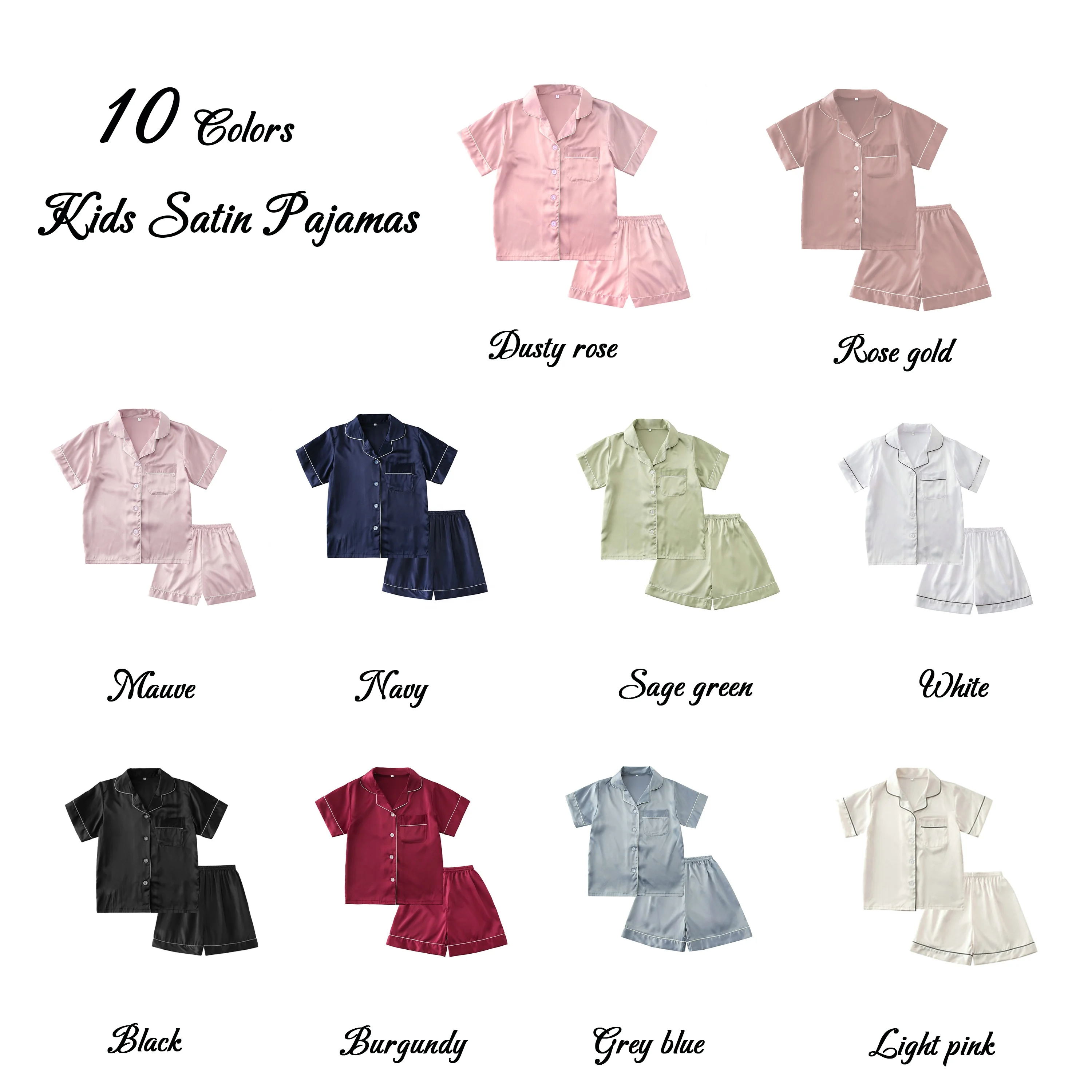 

Black Pajamas Set for Kids satin pjs for children many colors soft fabric 6028