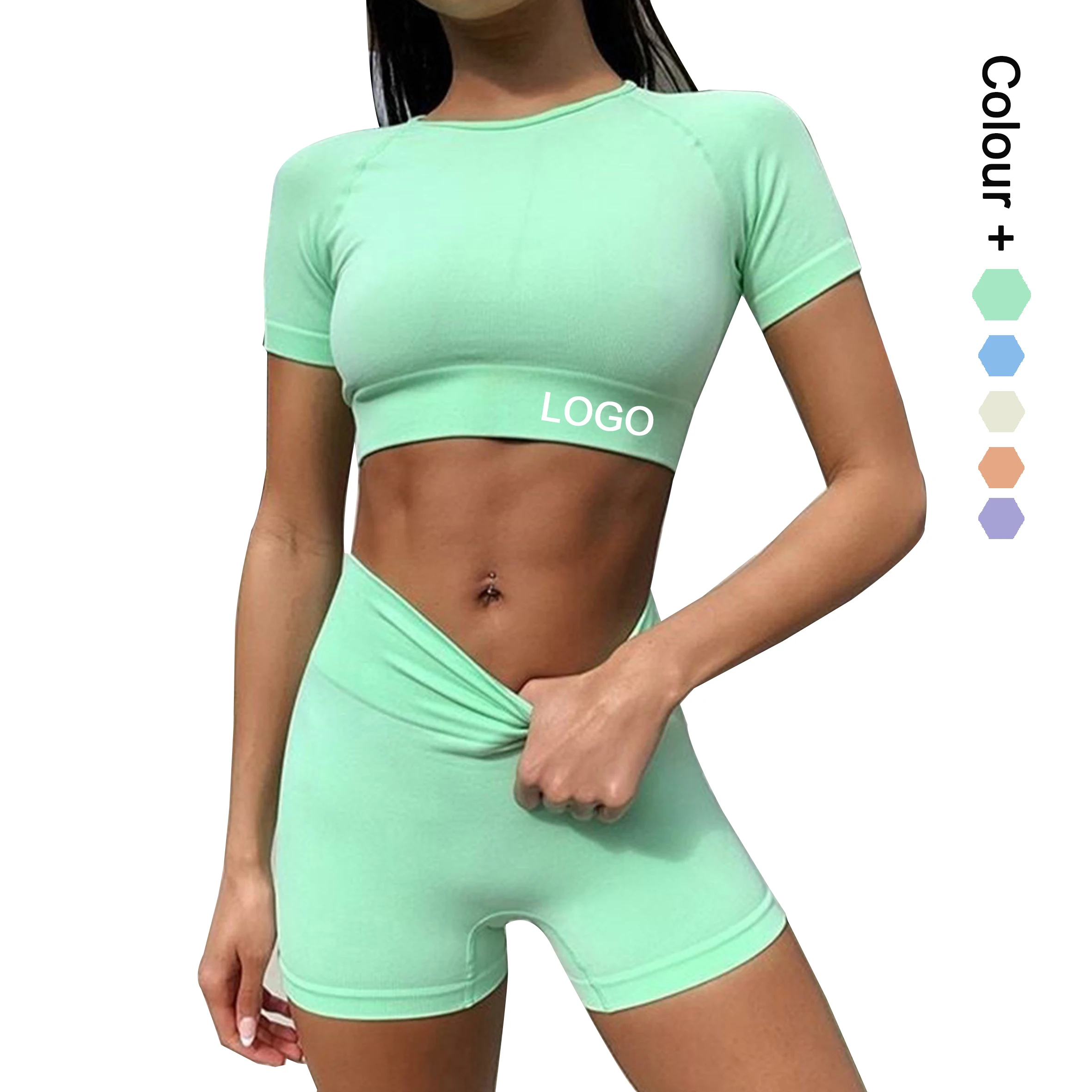

Custom Sweat Seamless Yoga Short Set Active Wear and Women Crop Tops