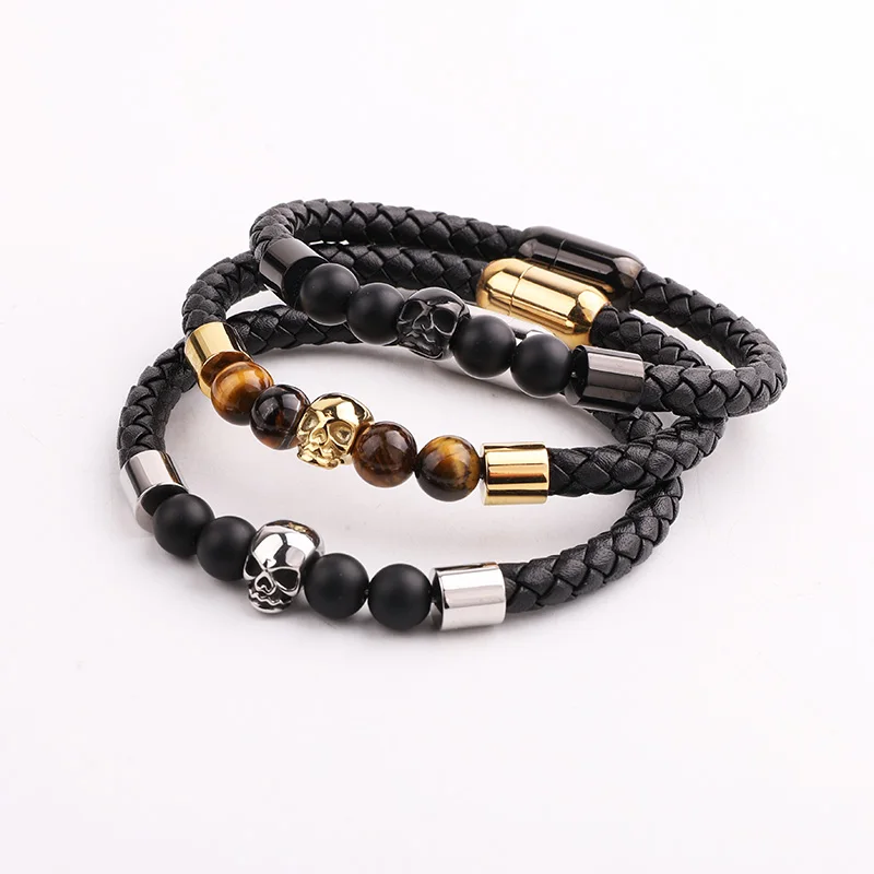 

New Design Natural Stone Tiger Eye Beads Stainless Steel Skull Genuine Leather Custom Logo Men Bracelet