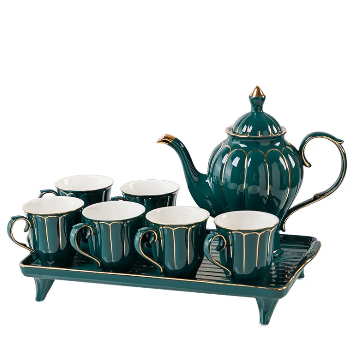 

8pcs Ceramic Pure Green Color Golden Handle Coffee Tea Sets With Teapot and Tray