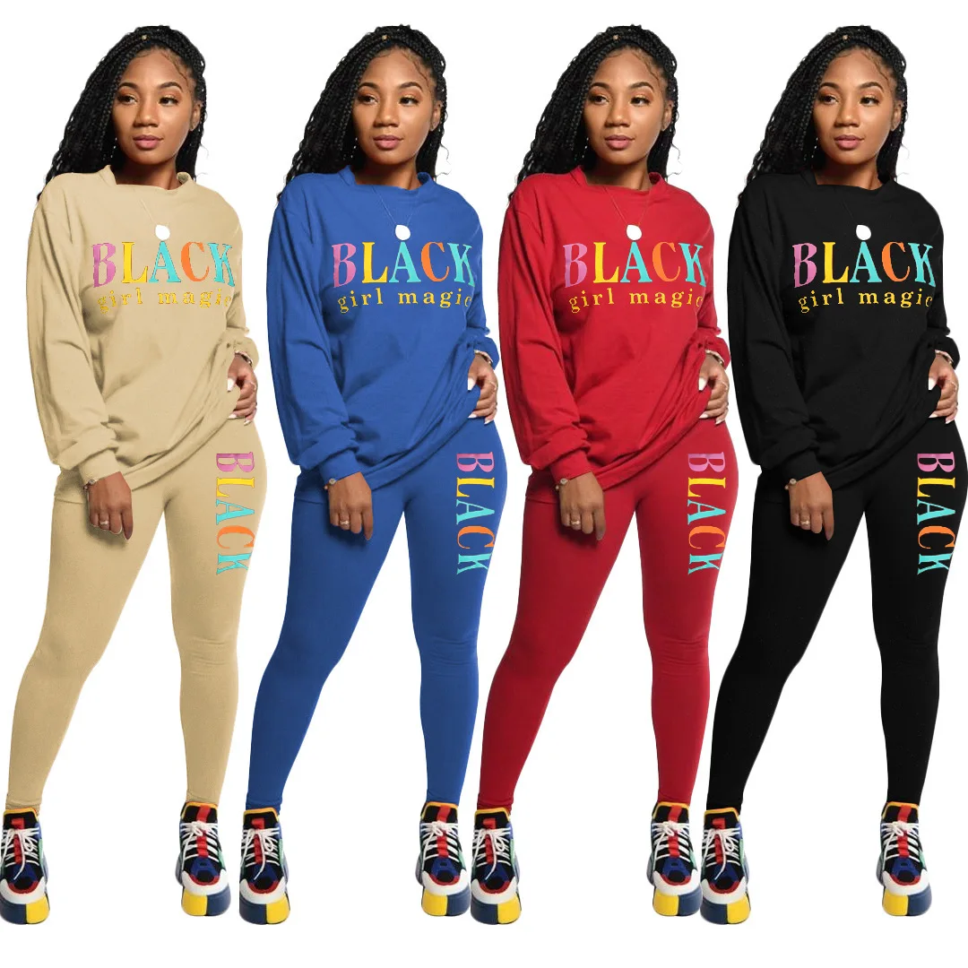 

New Arrivals Casual Printed Sports Jogging Long Sleeve 2 Piece Set Women Clothing, Black,blue,wine red,khaki