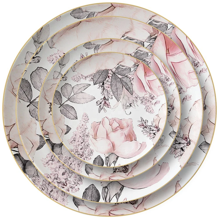 

Rose Gold Plates Royal Elegance White Color Bone China Plat Porcelain Dinner Set With Gold Rimmed