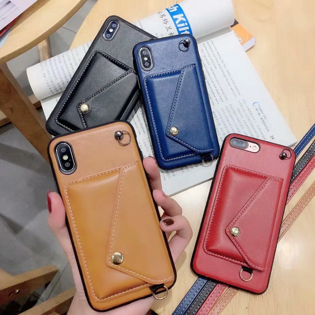 

Simple street joker hot sale leather solid color wallet pocket card bag hanging rope protective cover mobile phone lanyard&case