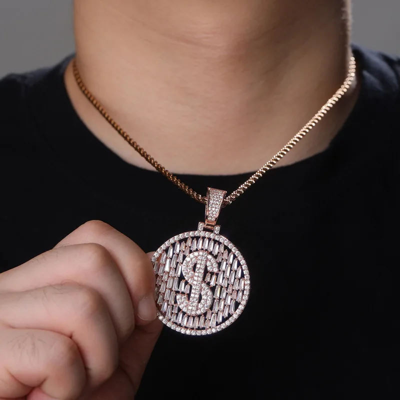 
Hip Hop Jewelry Full Iced Out Dollar Symbol Pendant AAA Cubic Zirconia Setting Round Dollar Pendant Necklace 