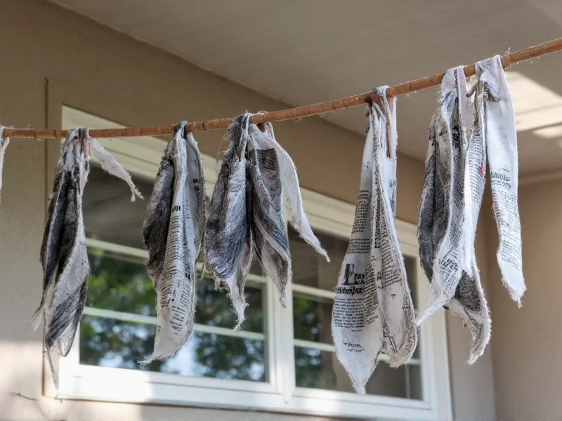 Black newspaper bats hanging from string on porch