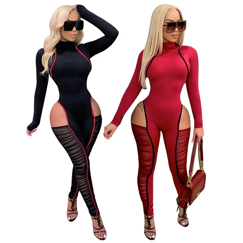 

2021 New Arrivals Fashion one piece long sleeve mesh jumpsuit womens bodycon sexy jumpsuits club wear, Picture