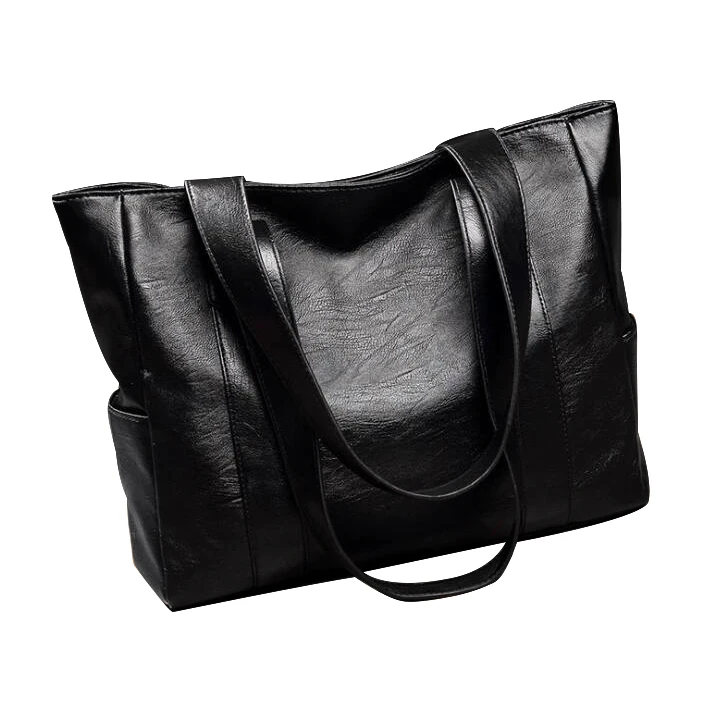 

Hot selling leisure wide strap black pu leather tote shoulder bag, Black, smooth and colourless ribbon