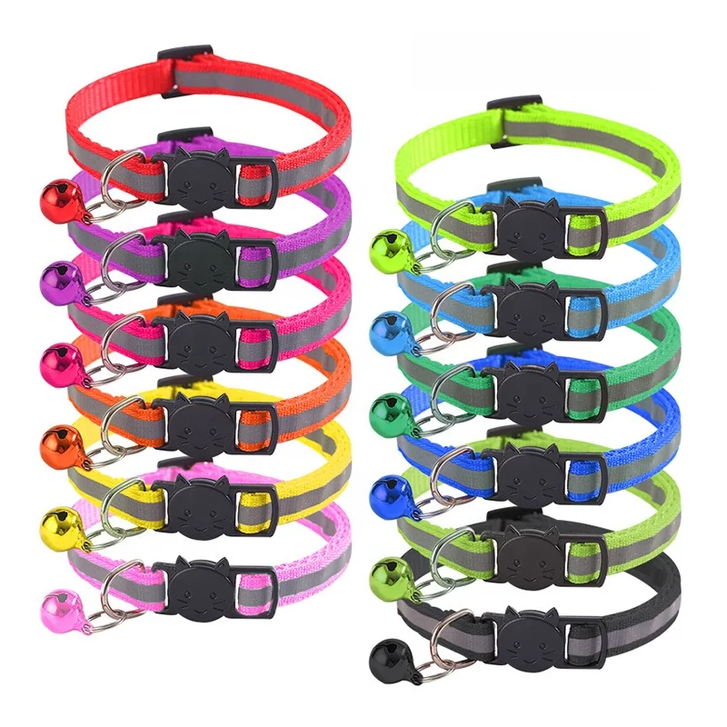 

Wholesale Nylon Waterproof Pet Cat Collar Night Reflective Strip Cat Collar With Bell Recycled Webbing Pet Collar, 12colors