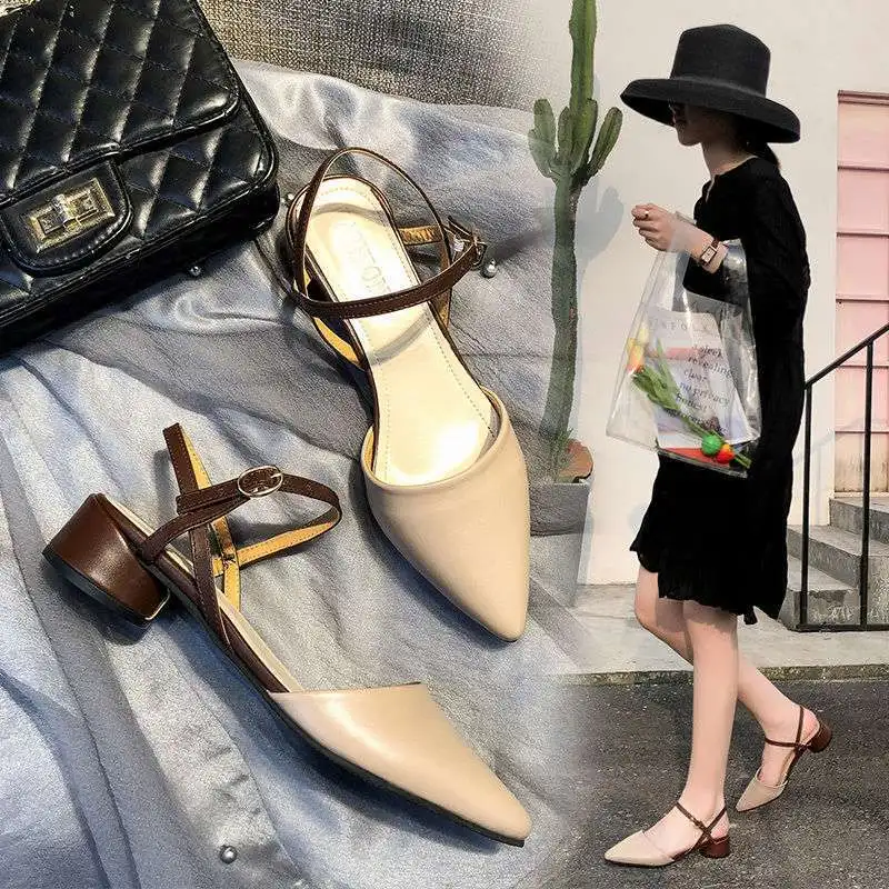 

New design formal office Cross band Belt buckle hollow Women's high heel sandals occupation grace block chunky heel ladies