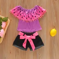 

Summer New Girl Children Off Shoulder Clothing Hot Pink Watermelon Crop Top T-shirts With Shorts For Kids