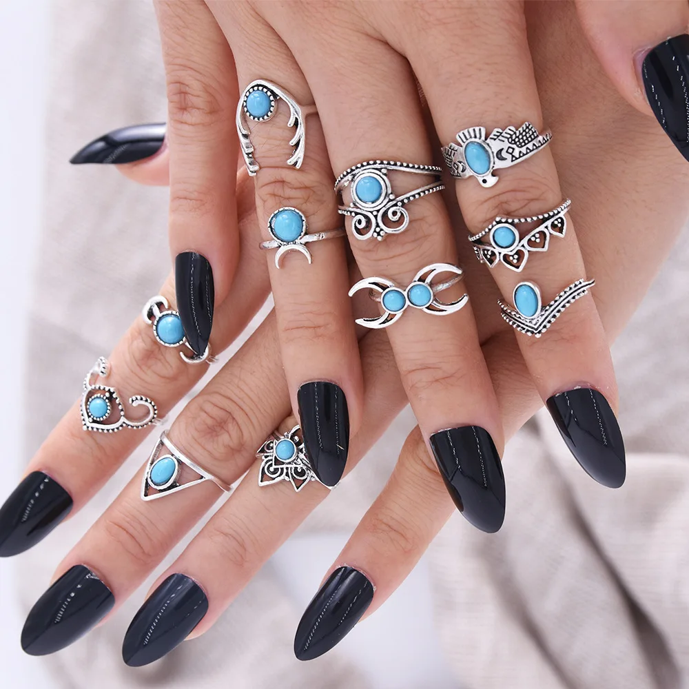 

Ladies Fashion Charm Jewelry Turquoise Crown Hand Decoration Moon Personality Owl Wedding Rings Set For Women, As picture