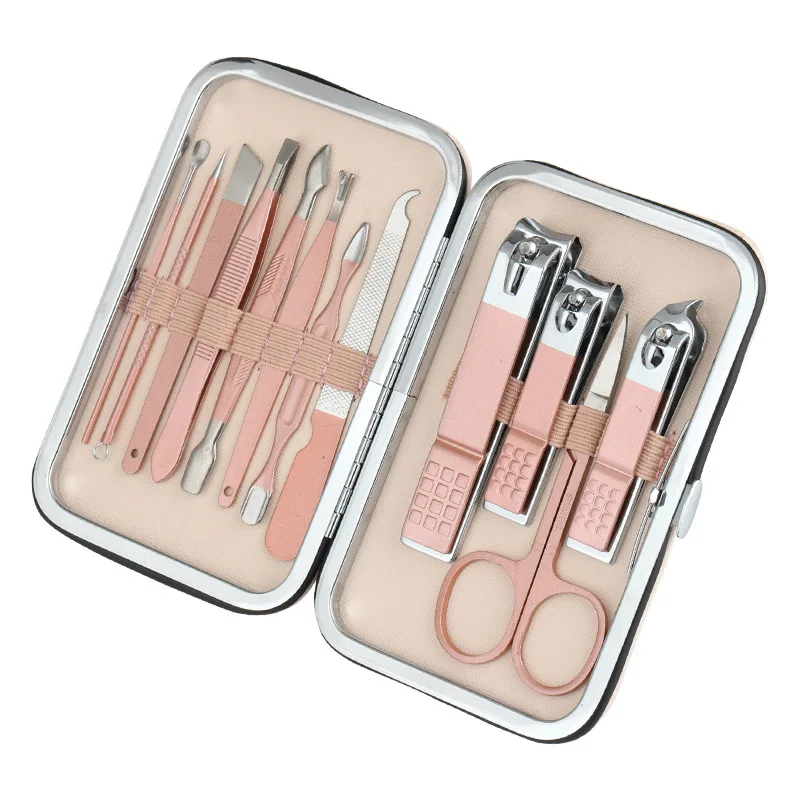 

OEM Custom Logo Promotion Gift 12 in 1 Nail Clippers Set Rose Pink 12pcs Manicure Set For Nail Pedicure With Portable Case, As picture show or customized color