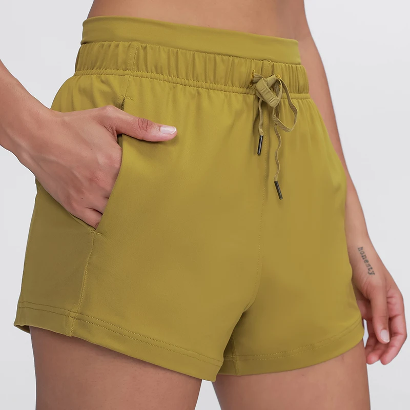 

2021 Summer Women Drawstring Loose Gym Shorts High Waist Sport Yoga Shorts With Pocket, 4 colors