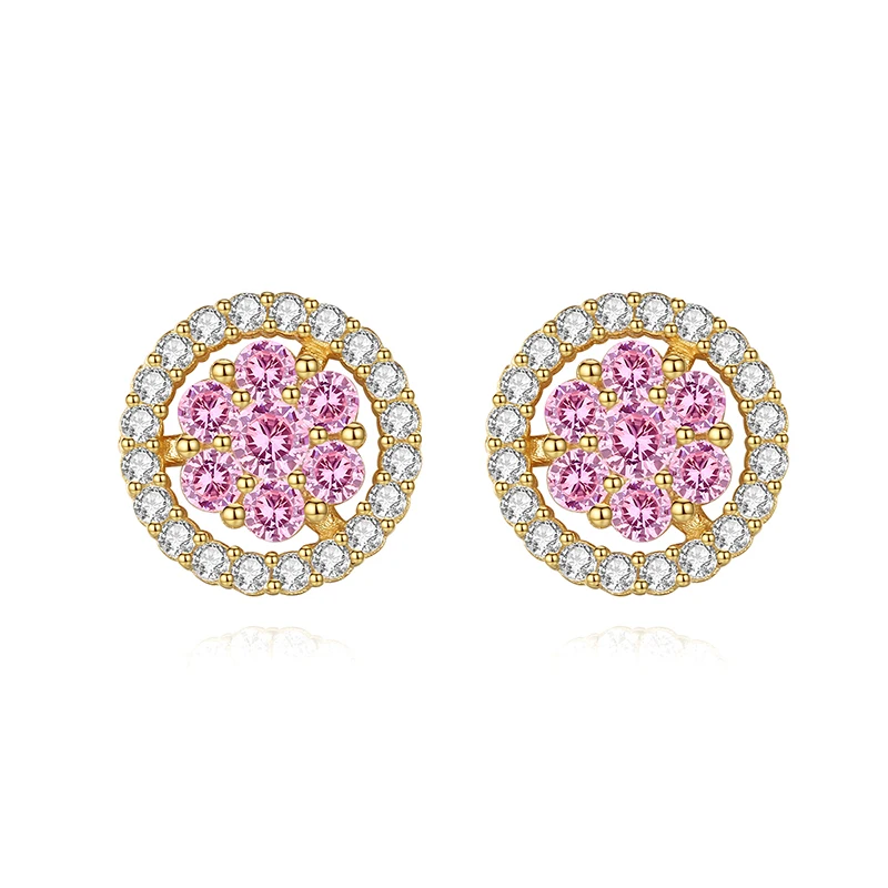 

CZCITY 18K Gold Plated Round Stud Earrings Fashion 925 Silver Earring Pink Color Flower for Women