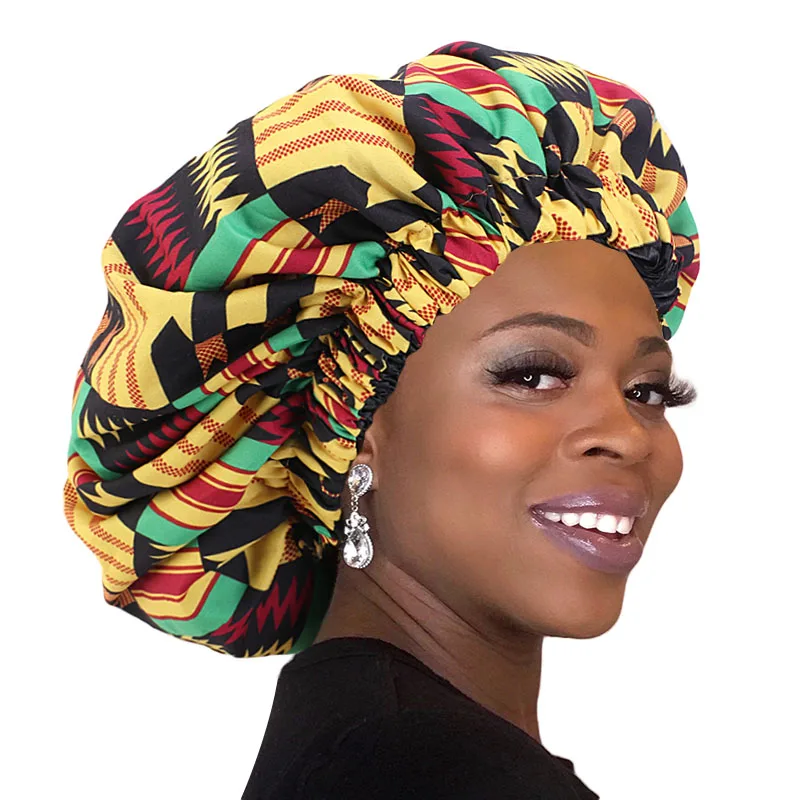 Hot Large Size Women Satin Lined African Print Bonnet Double Layer Reversible  Ankara Bonnets