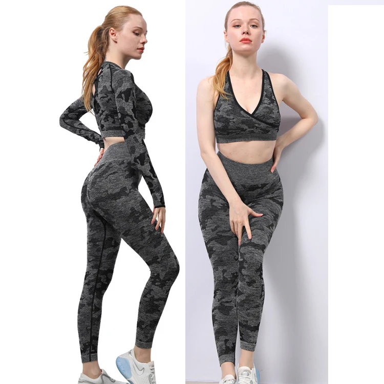 

Camouflage Yoga New High Elasticity Slim Quick Dry Fitness Three-Piece Suit 3 Piece Yoga Pants Set, 3 colors