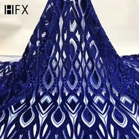 

HFX Latest in 2019 Nigerian African Sequin Lace Royal Blue Velvet French Tulle Lace Fabric for Wedding Party