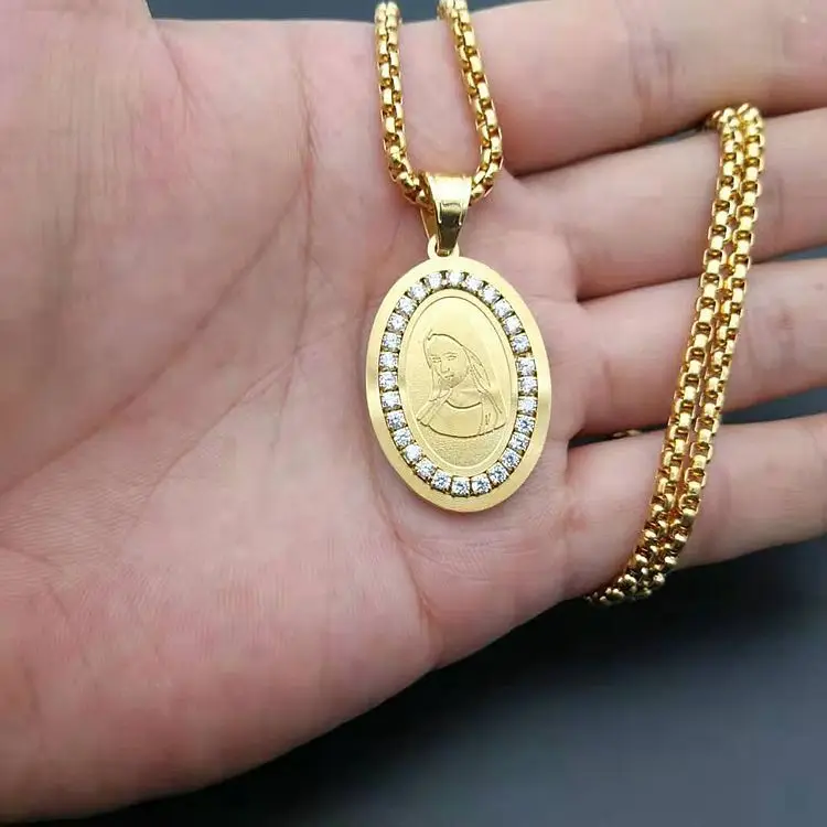 

CHENGYI Religious Stainless Steel Necklace Set With Zircon Catholic Virgin Mary Oval Shape Diamond Pendant Necklace, Gold plated