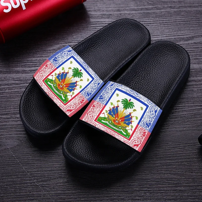 

hot sale PVC Haiti flag slides beach sandals adult, low MOQ outdoor street wear slippers Haitian sandals men custom logo, Requirement