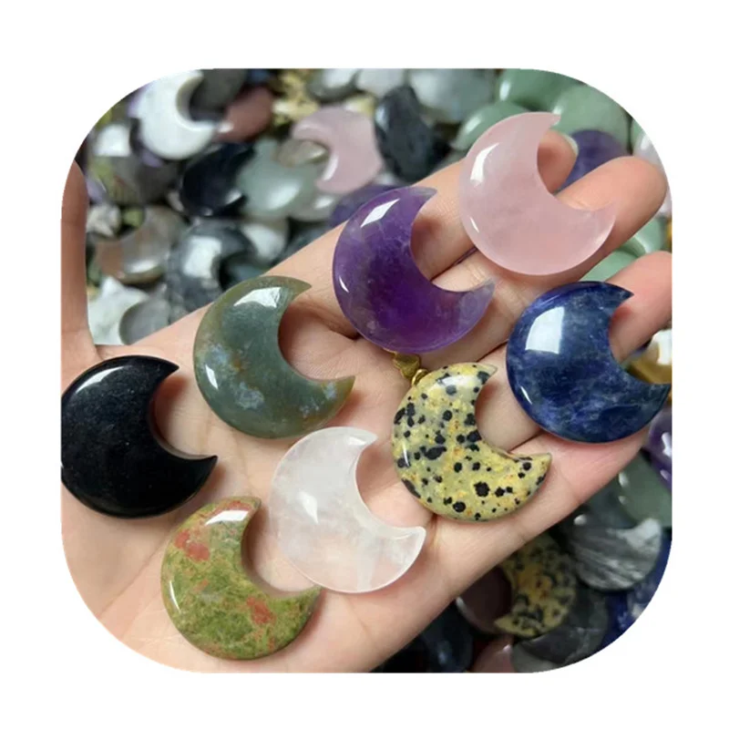 

Cheap natur carv gemstones 30mm Semi-Precious Stone Crafts mix quartz crystal crescent moon for gift