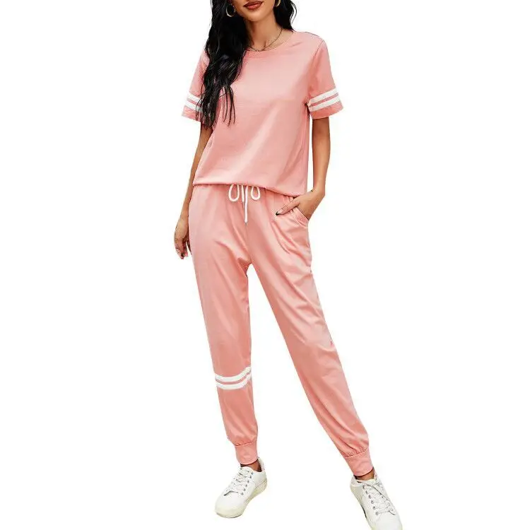 

Womens 2 piece Summer sets Ladies casual fashion sports contrast color short-sleeved trousers two-piece suit