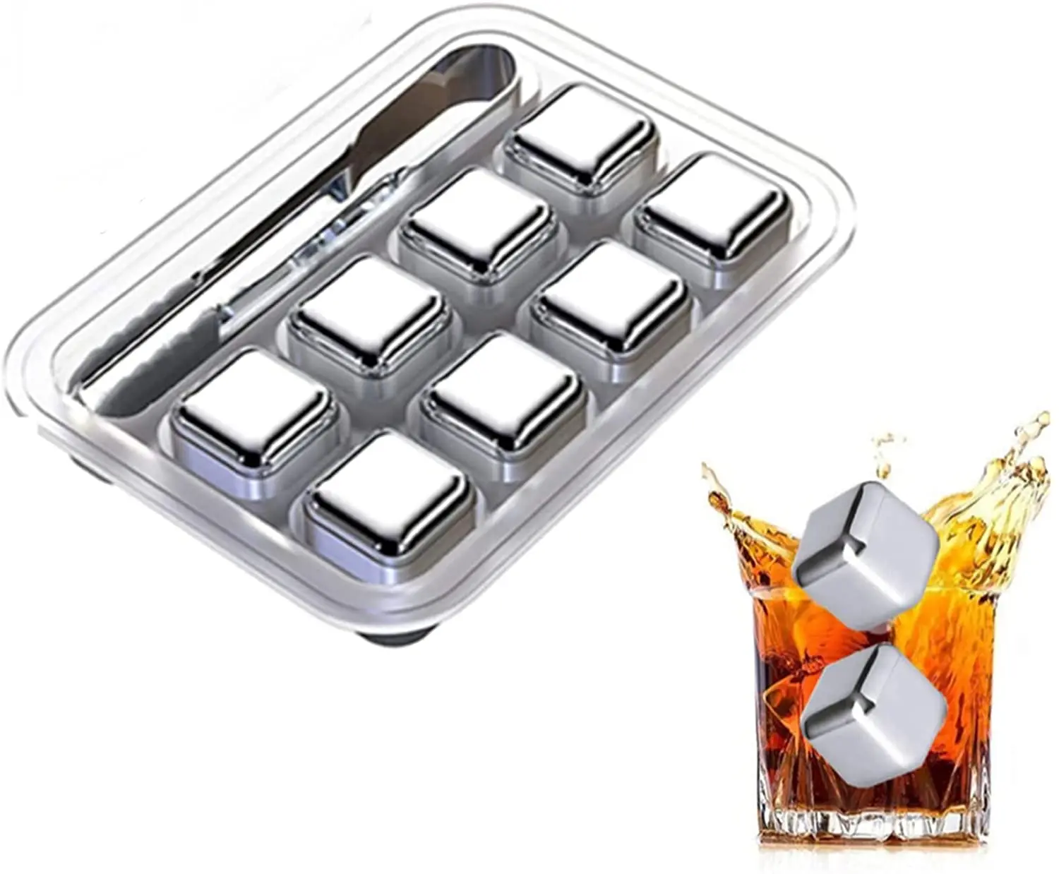 

Exclusive Stainless Steel Whiskey Reusable Ice Cubes Chilling Stones Beverage Rocks 8 Piece Gift Set with Tongs Bars Accessories, Silver